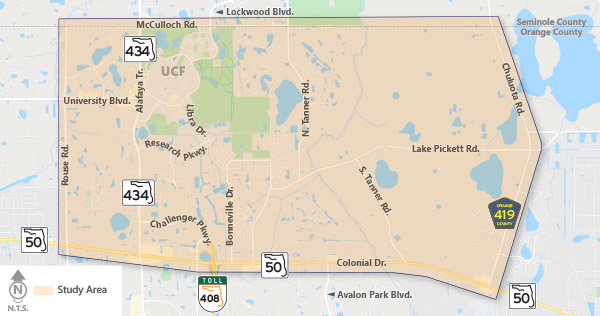 This map provides the extents of the NEOCATS study area. The study area is bordered by Chuluota Road, also known as County Road 419, to the east, E Colonial Drive, also known as State Road 50, to the south, Rouse Road to the west, and the Orange-Seminole County Line to the north. The study area is located within Orange County, Florida.